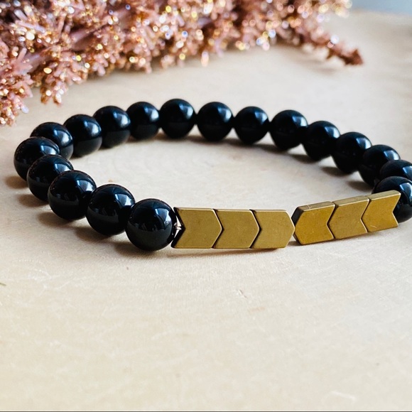 Men’s Black Onyx Gold Hematite Beaded Bracelet - Picture 3 of 6